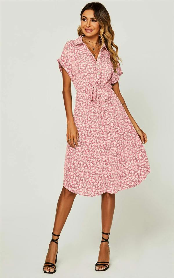 FS Collection Relaxed Floral Print Button Down Midi Shirt Dress In Pink