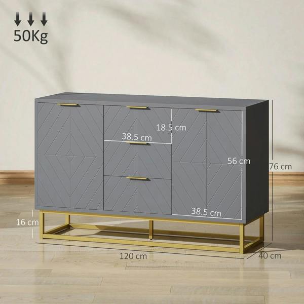 Grey sideboard cabinet with 3 drawers and double doors, shown with dimensions