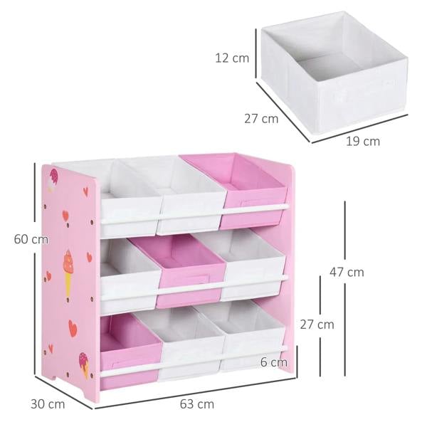 Pink kids storage rack with nine removable bins; size diagram with open compartments