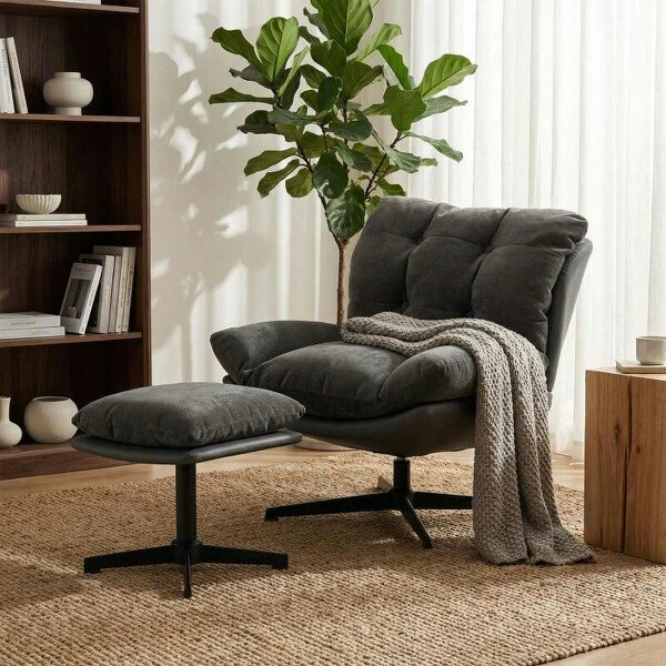 Accent Chair with Footstool, Swivel Lounge Chair with Chenille Upholstery, Metal Base, Dark Grey - Dark Grey