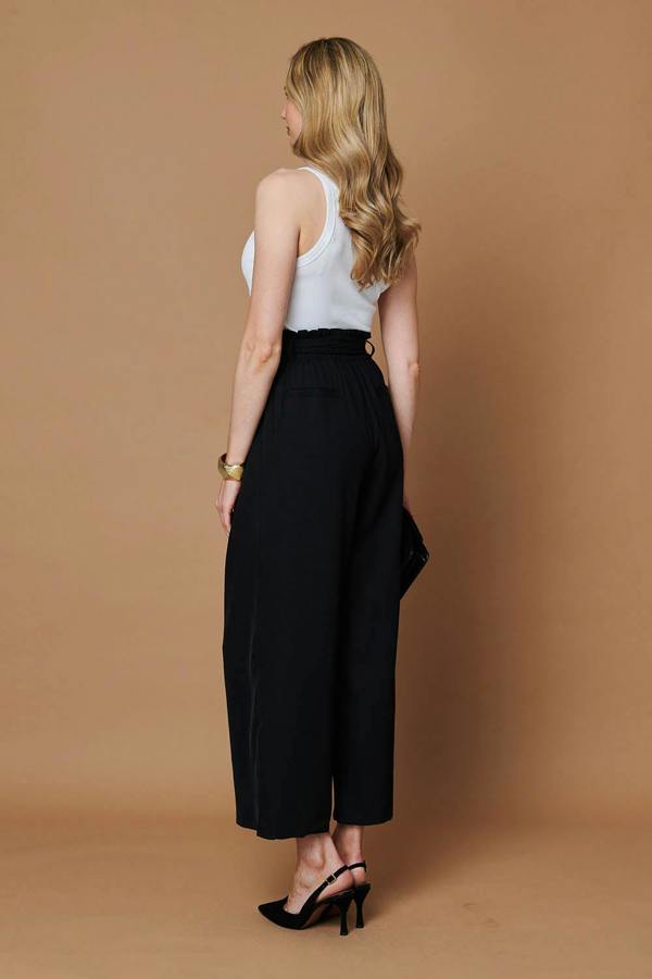 Black | Tie Front High Waist Wide Leg Trousers