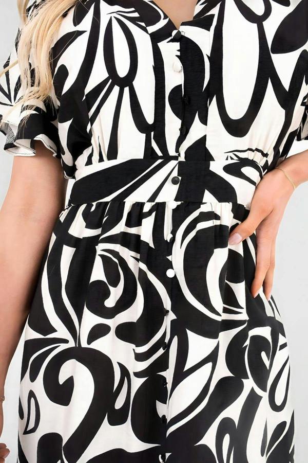 Celia Printed Short Sleeve Button Down V-neck Maxi Dress - Black