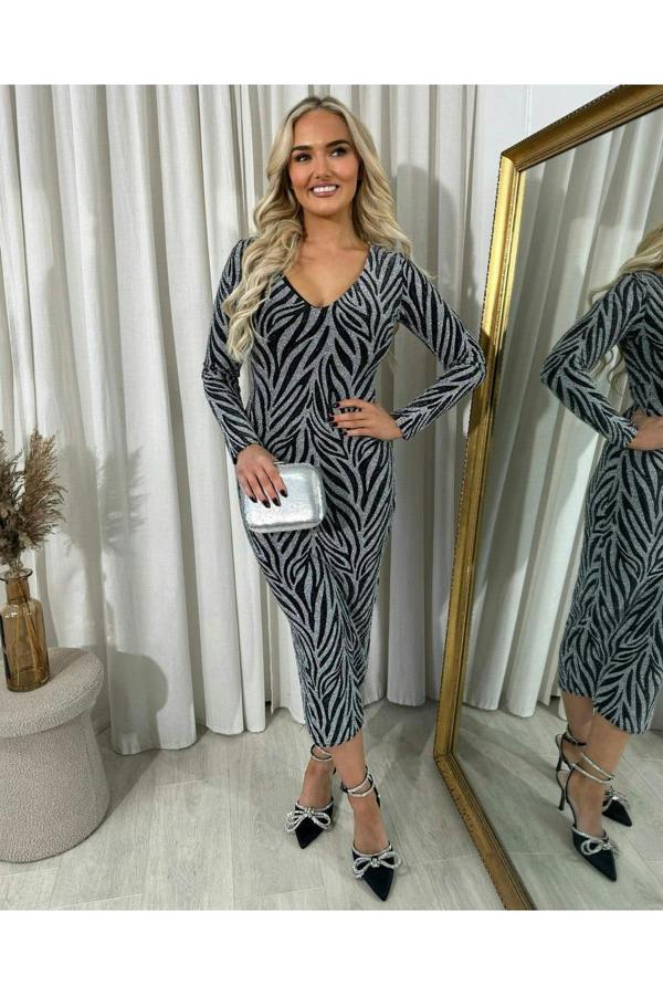 Evelyn Printed V-neck Long Sleeve Glitter Midi Dress - Silver