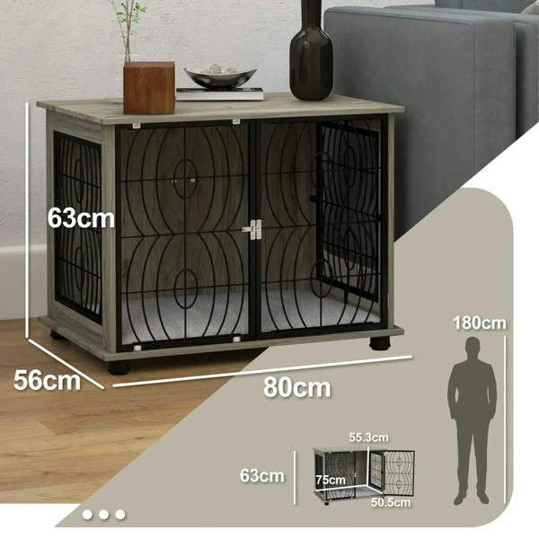 Grey dog crate end table with black wire doors and plush cushion, size shown