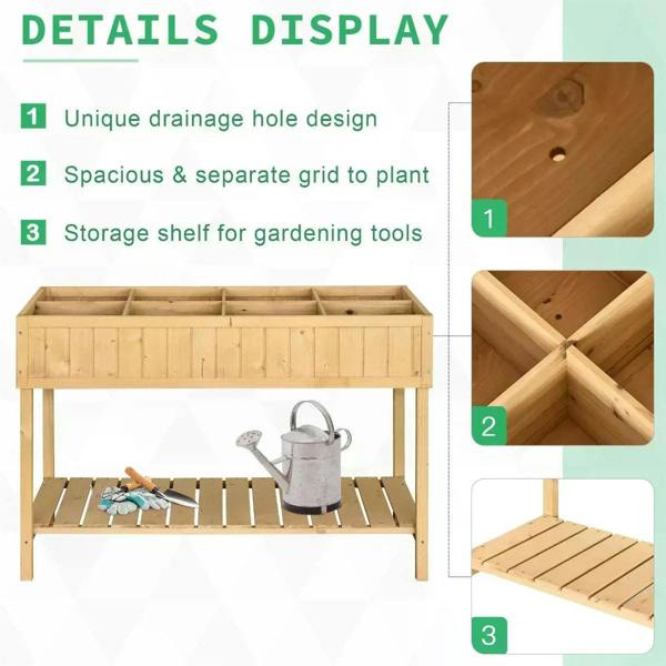 Wooden 8-compartment planter stand with drainage hole, grid partitions, oak tone