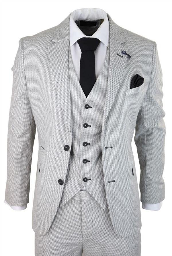 House of Cavani Mens 3 Piece Light Grey Check Tweed Retro Classic Suit