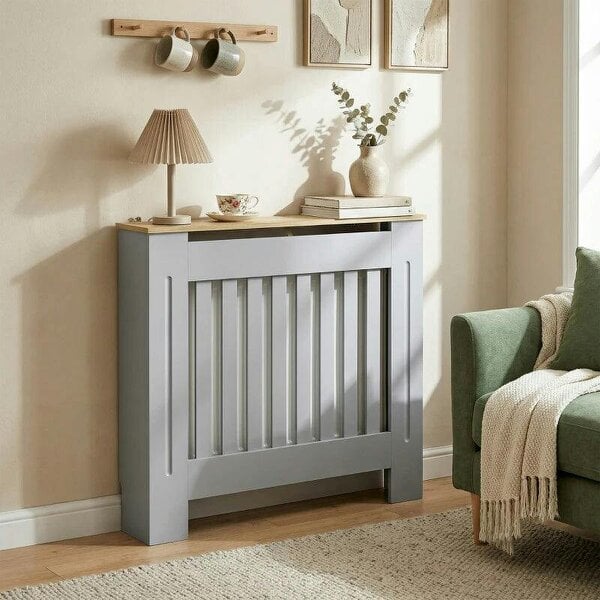 Bobobiy Heater Cover, Radiator Cover Slatted Painted MDF Lined Grill Grey, 78W x 19D x 81H cm