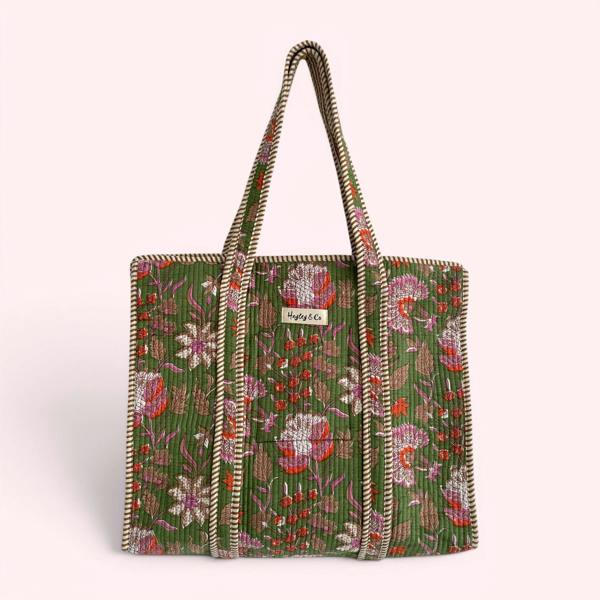 Hayley & Co Green Floral Block Print Quilted Cotton Tote Bag