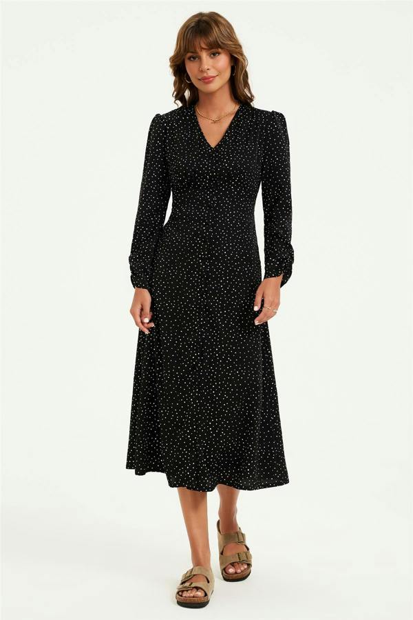 FS Collection Dot Print Long Sleeve Button Front Midi Dress In Black
