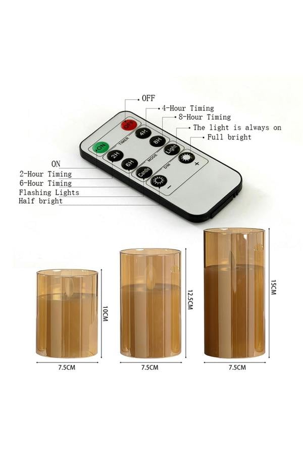 Living and Home 3Pcs Gold Glass Flameless LED Candles Realistic Swaying Flame Pillar Candles