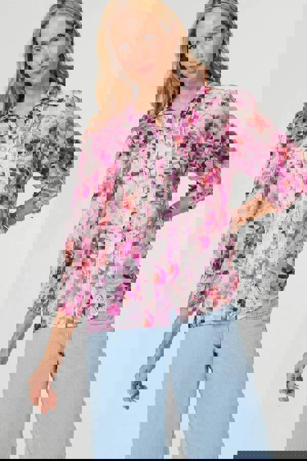 Purple | Floral 3/4 Puff Sleeve Relaxed Shirt