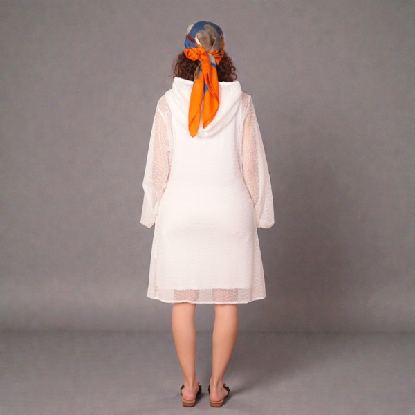 White Holiday Resort Dress with matching white undergarment and hoodie. Short Version. Shown from the back.Plain Background.