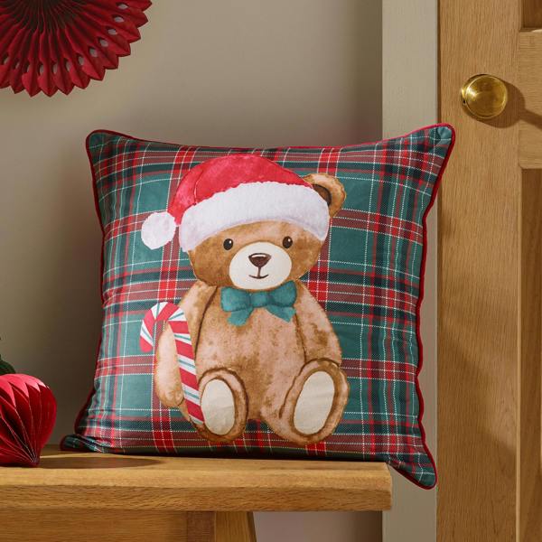 Catherine Lansfield Christmas Tartan Teddy Bear Cushion Green