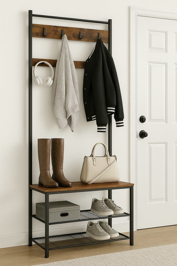 Industrial style coat rack with 9 hooks, rustic bench, and metal shoe shelves for entryway or hallway storage

