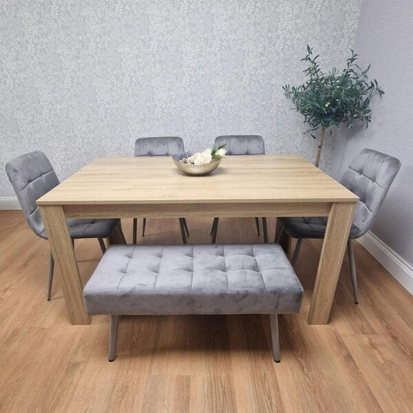 Kosy Koala Oak Effect Dining Table Set With 4 Grey Velvet Chairs And Grey Velvet Bench Dining Room Furniture
