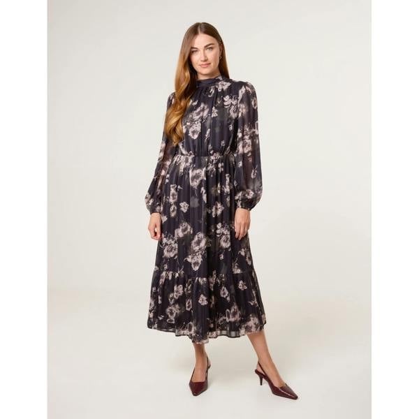 Blue Vanilla High Neck Floral Puffball Pleated Midi Dress