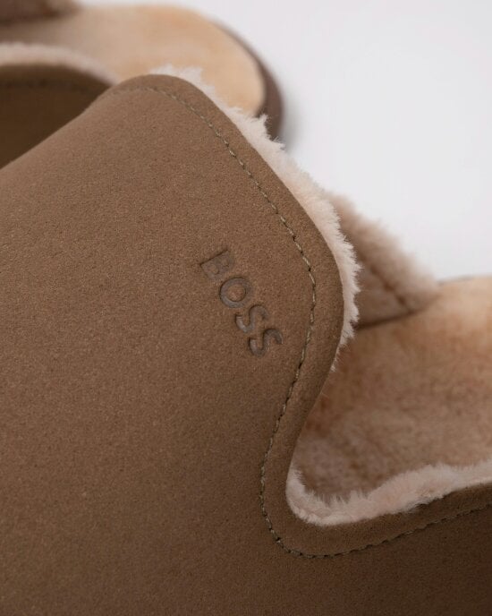 BOSS Orange Mens Shearling-lined slip-on slippers with logo detail - Medium Beige 260