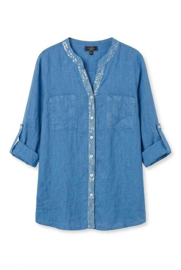 Blue | Sequin Trim 3/4 Sleeve Relaxed Shirt