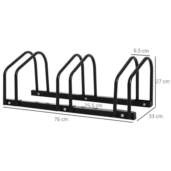 Black 3-bike floor rack, three U holders; shows size markings up to 76 cm long