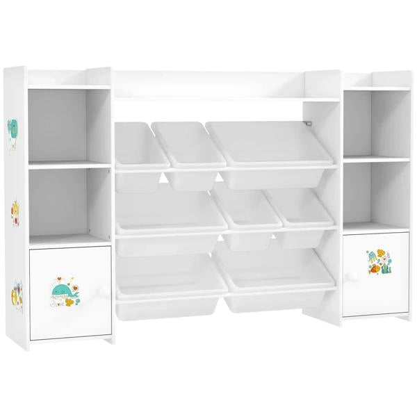 White kids toy organizer with 8 removable bins and open bookshelf cubbies