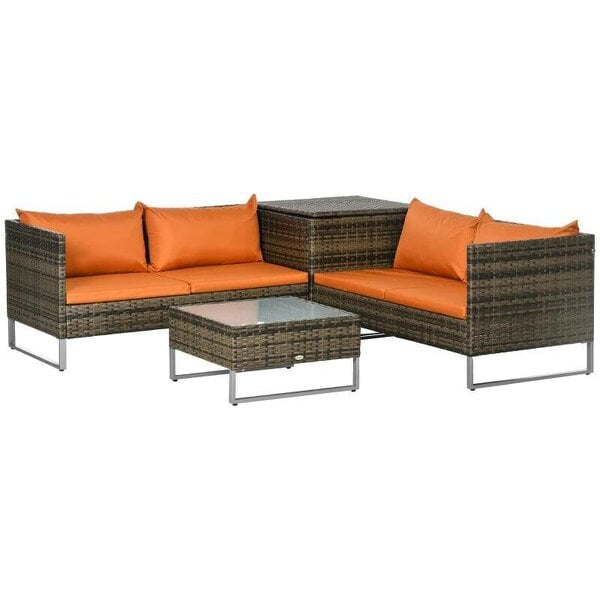4 Piece Rattan Garden Furniture Set, Outdoor Corner Sofa Set with Storage Table, Loveseats, Cushions - Orange