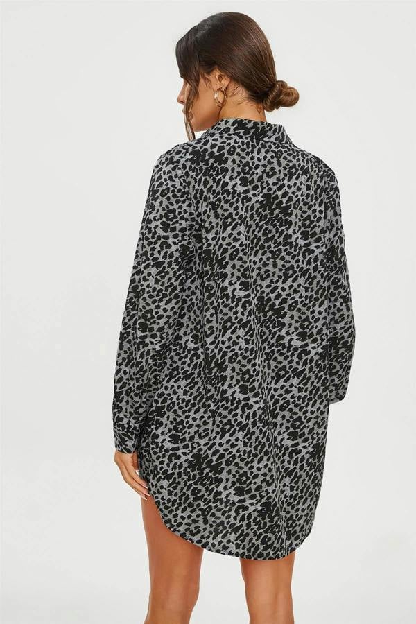 FS Collection Leopard Print Tunic Shirt In Grey Blue