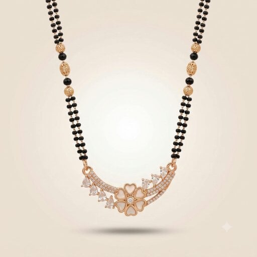 The Colourful Aura Indian Nazaria Rose Gold Fan Crown Zircon Mangalsutra Black Beads Necklace