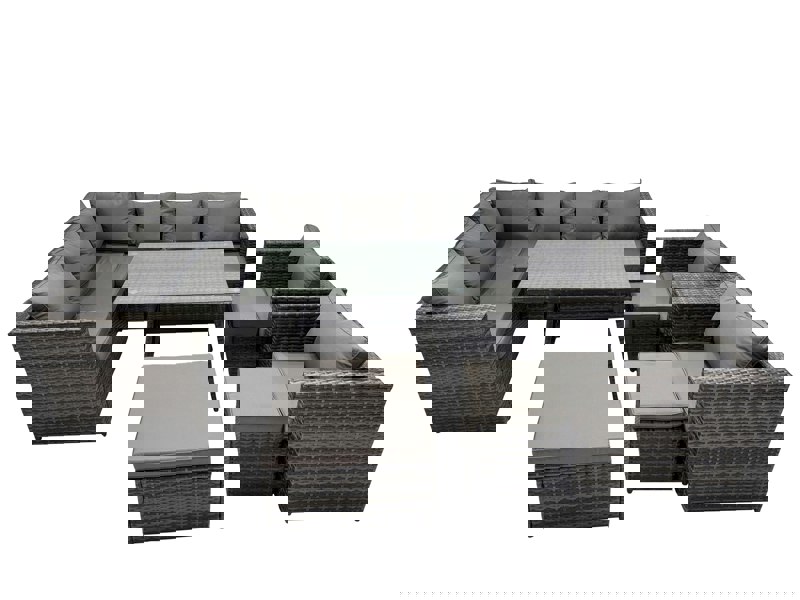 Fimous 11 seater Outdoor PE Rattan Sofa Set with Dining Table Patio Garden Furniture Sets with 2 Chair 3 Stools Dark Grey Mixed