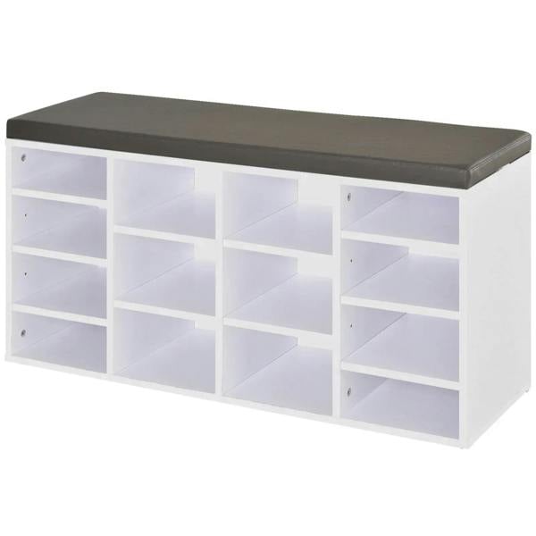 White 14-compartment shoe rack with dark cushioned top and open shelving cubbies