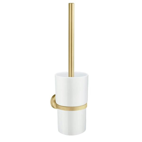 Brushed brass toilet brush with porcelain holder