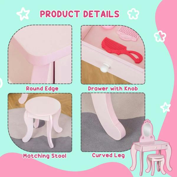 Pink vanity table details: curved legs, drawer knob, and matching stool