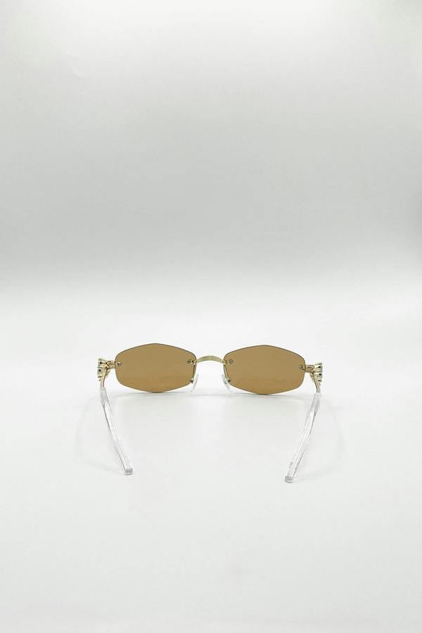 SVNX Rimless Oval Diamante Sunglasses In Brown