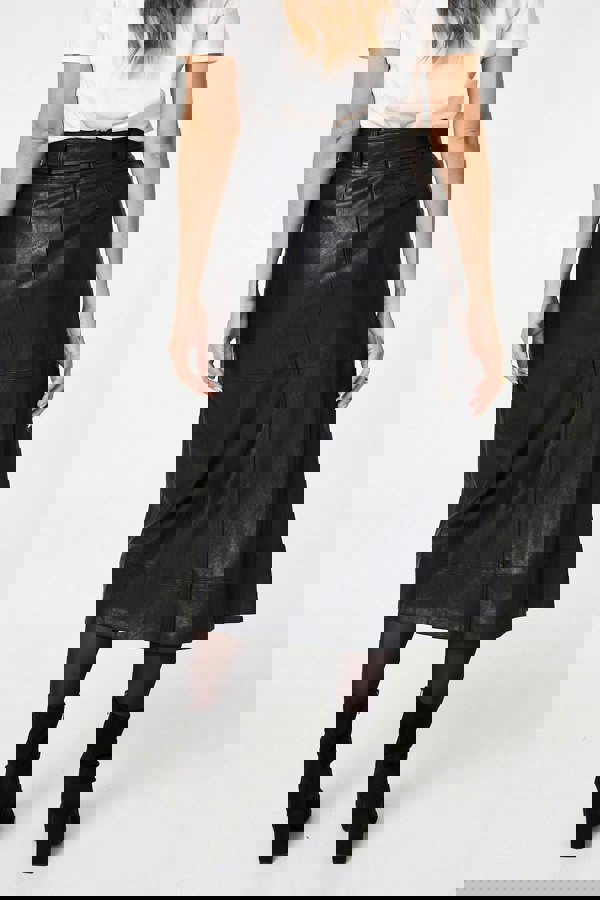 Black | Faux Leather Tie Waist A-Line Midi Skirt