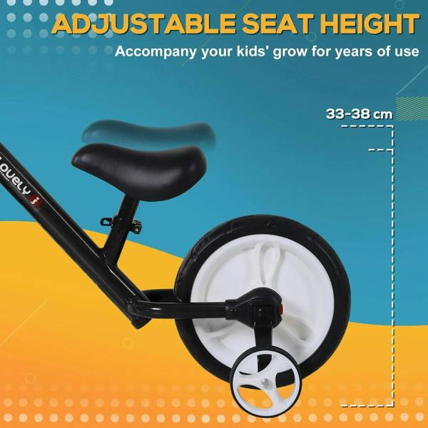 Kids black balance bike seat and front wheel, showing adjustable seat height range