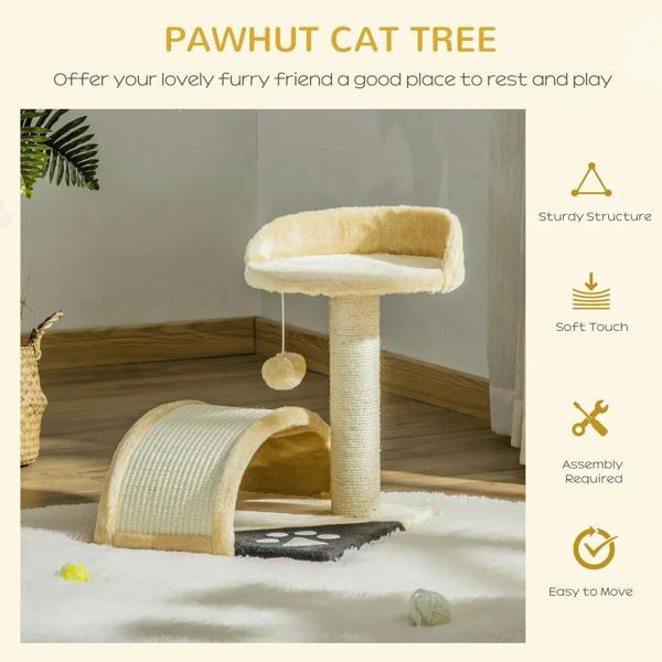 Beige cat tree tower with plush perch, sisal post, arched ramp, and hanging ball