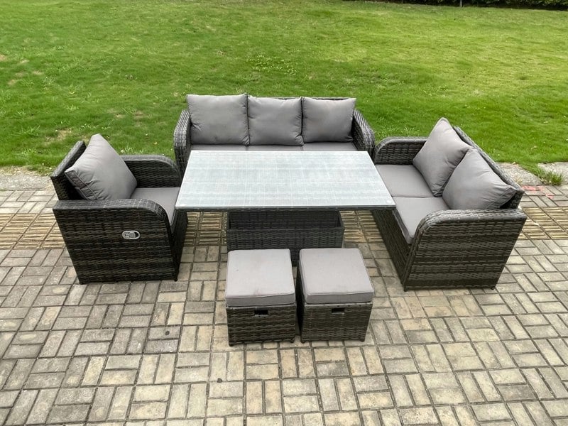 Fimous Outdoor Rattan Garden Dining Set - Dark Grey Mixed Patio Height Adjustable Rising Lifting Table with Reclining Chair & Sofa