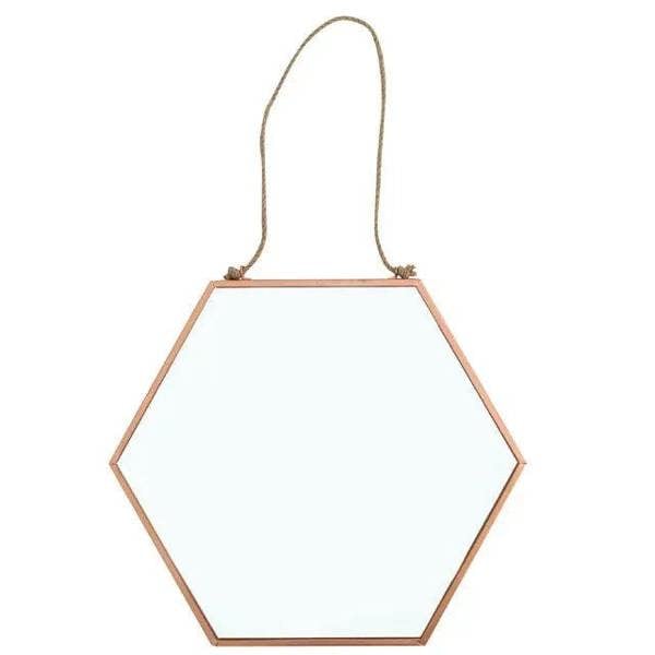 Hexagonal geometric mirror with light wood frame and hanging loop handle