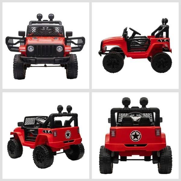 Red 4x4 ride-on car showing front, side, rear, and top angles with knobby tires.