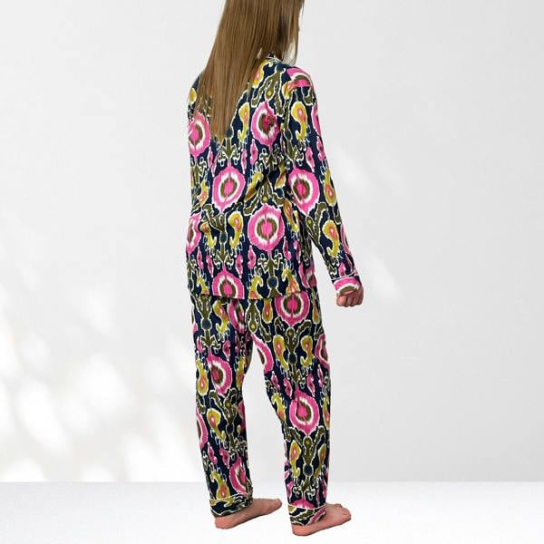 Hayley & Co Ikat Print Cotton Long Pyjama Set in Navy Blue and Pink