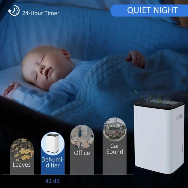 White portable dehumidifier near bed with black top and front control area