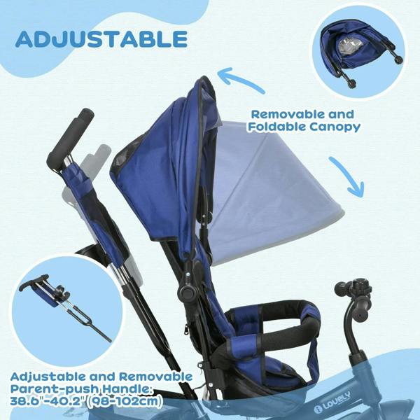 Dark blue kids trike push bike with adjustable, removable foldable canopy and parent handle