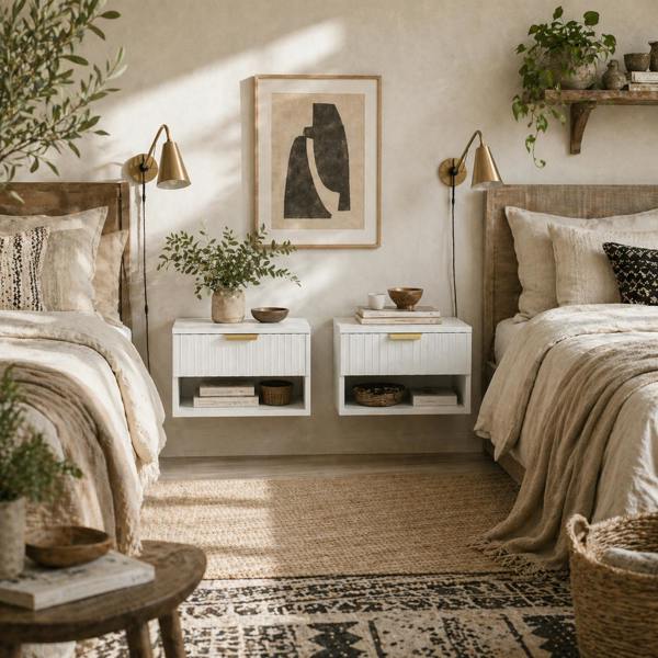Wyld Haus Ludi Set Of 2 Wooden White Wall Mounted Bedside Tables With Fluted Drawer And Shelf