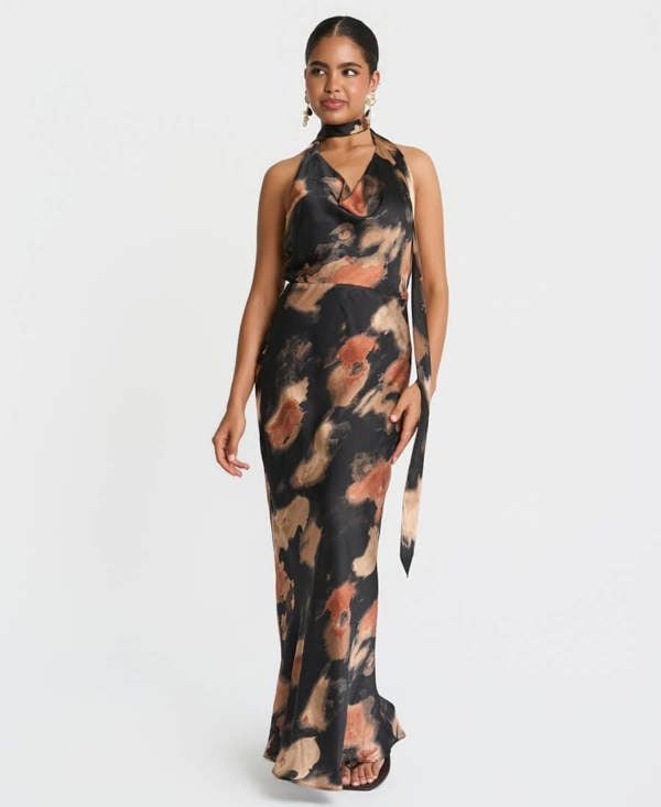 Needs No Label Black Marble Tie Neck Maxi Dress