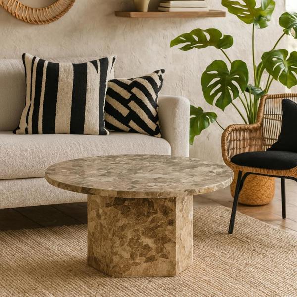 Wyld Haus Bremen Brown Marble Round Coffee Table Hexagon Base