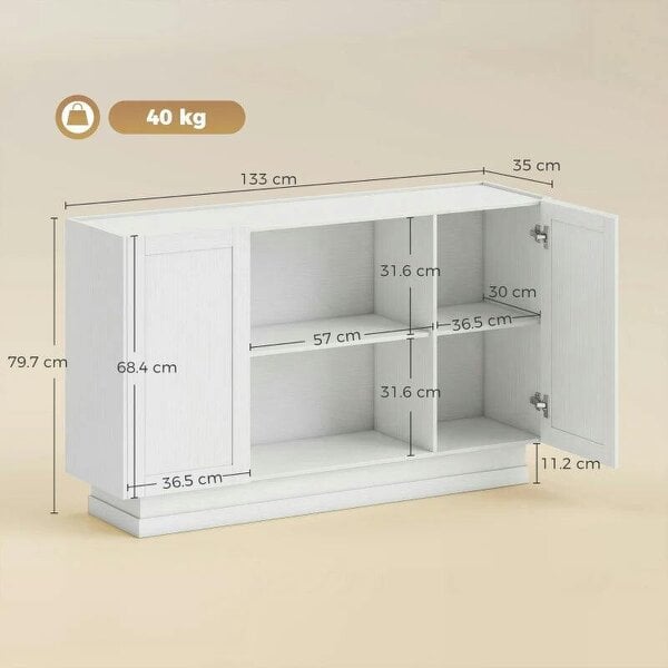 Sideboard Buffet Cabinet, 133 cm Storage Cabinet with 2 Open Shelves, 2 Cupboards and Soft Close Doors, White