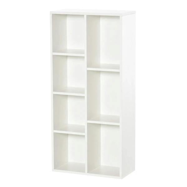 White seven-cube bookcase with open square shelves and vertical divider panels.