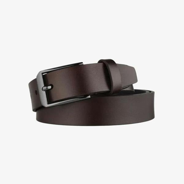 Brown leather belt with a silver buckle on a light gray background