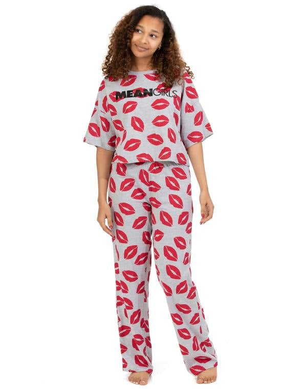 Mean Girls Womens Grey Logo With Kiss All-Over Print Short Sleeve Long Leg Pyjama Set