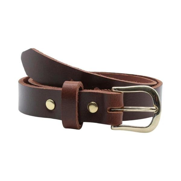 Front view of Brown leather belt with gold buckle on a white background