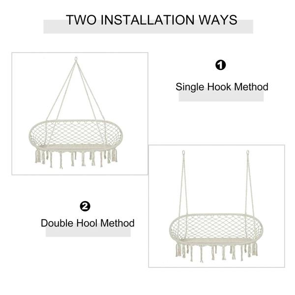 Cream hanging macrame hammock chair with oval net seat, fringe tassels, and hooks